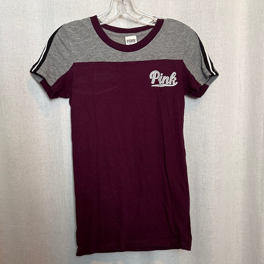 PINK Victoria's Secret Short Sleeve Colorblock Tee in Burgundy and Gray